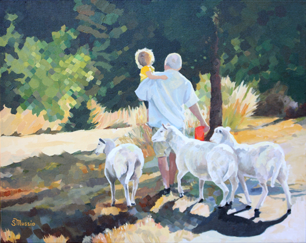 man walking, holding child with 3 sheep following