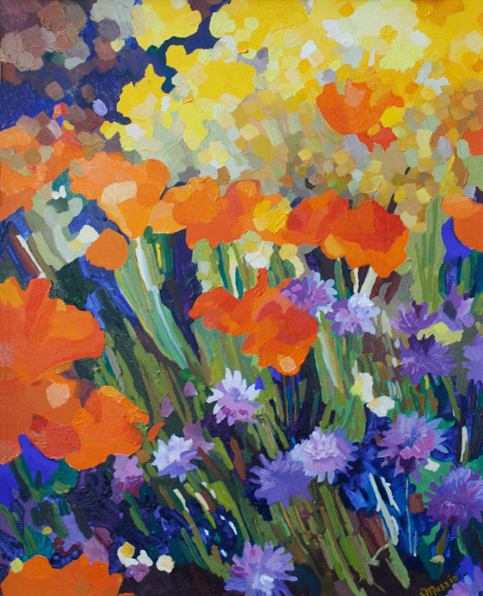a field of flowers in orange and purple