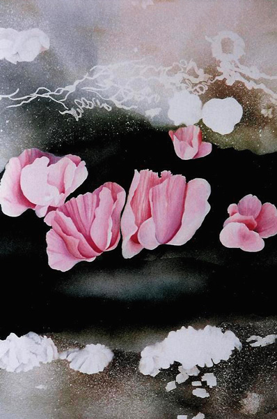 pink tulips sandwiched between rock crevice with barnicals